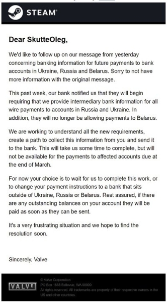 Valve объяснила приостановку выплат Steam-разработчикам из россии, белоруссии и Украины