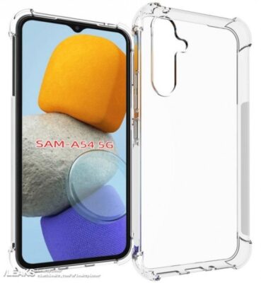 Зображення Samsung Galaxy A54 в чохлі демонструє знайомий дизайн камери і, чомусь, дисплей Infinity-V