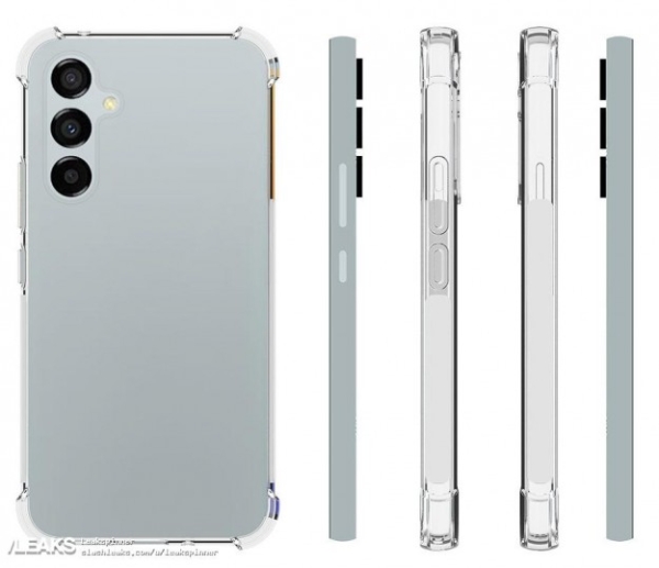 Зображення Samsung Galaxy A54 в чохлі демонструє знайомий дизайн камери і, чомусь, дисплей Infinity-V