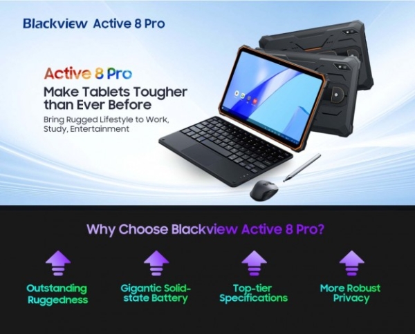 Blackview планує випустити 1-й у світі захищений ТОП планшет Active 8 Pro: Helio G99, 22000 мАг, камери на 48+16 Мп